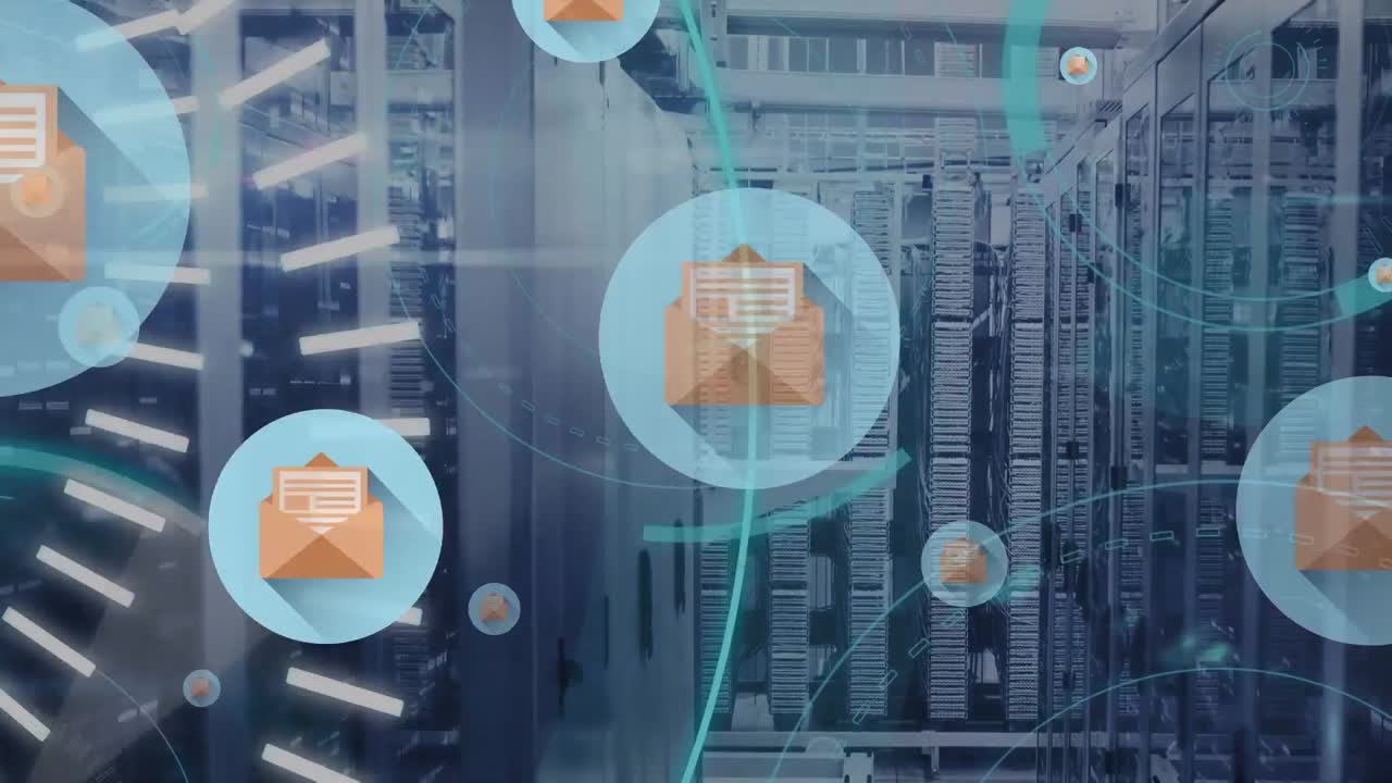 animación de iconos de archivos sobre la sala del servidor