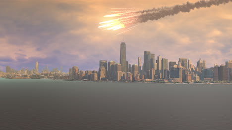 fiery meteor approaching a city skyline at sunset