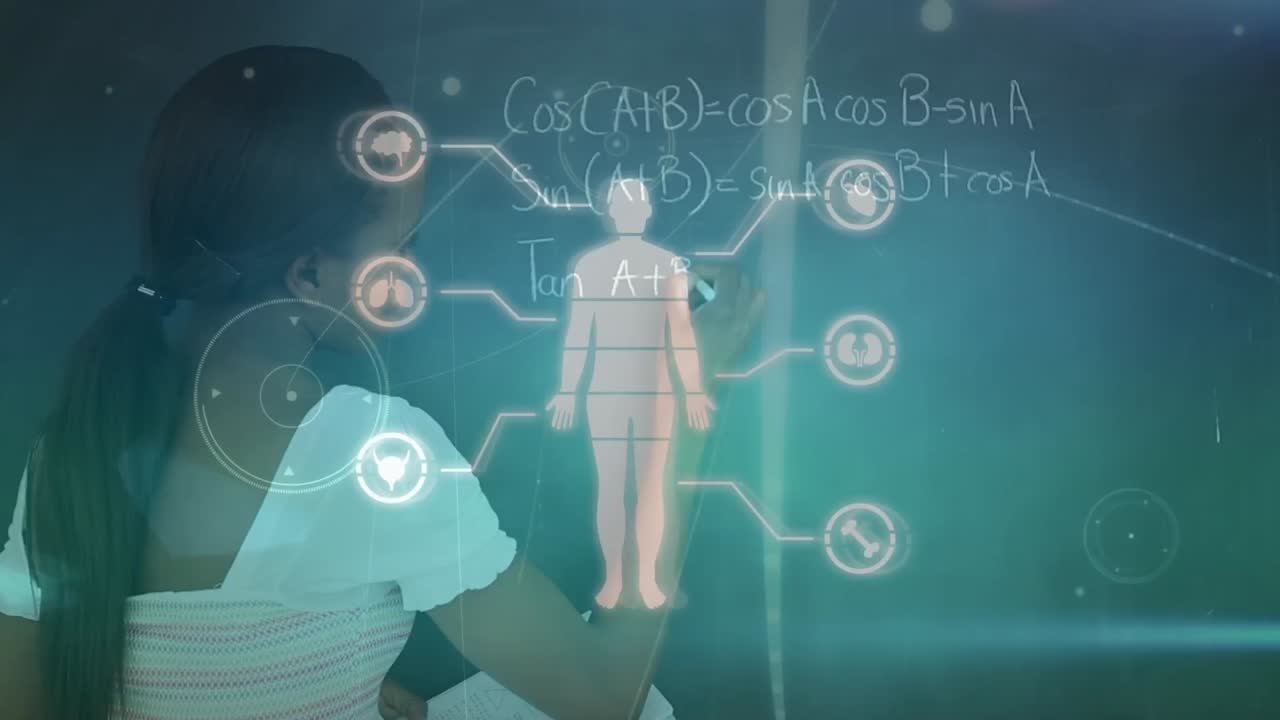 블랙보드에 글을 쓰는 아프리카계 미국인 소녀 위의 인간 실루의 애니메이션