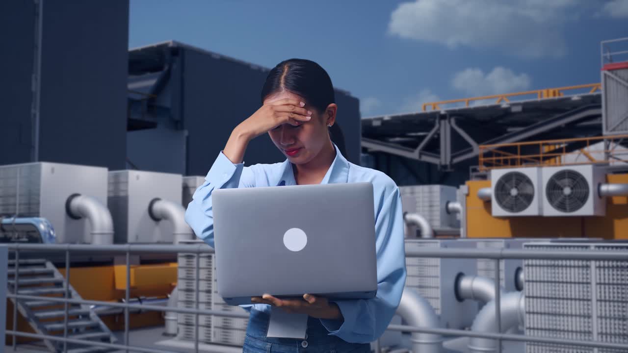 Asian Female With Her Laptop, Worker Inspecting Rooftop HVAC Units in Industrial Building, She Is Nodding Her Shead With Dissapionted