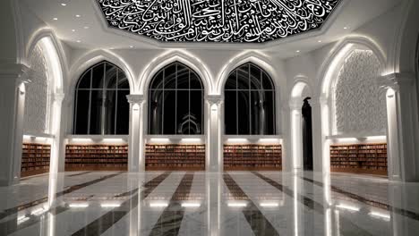 Contemporary Islamic library featuring wooden bookshelves filled with scholarly volumes, marble flooring reflecting architectural details, and soft light highlighting ornate ceiling calligraphy