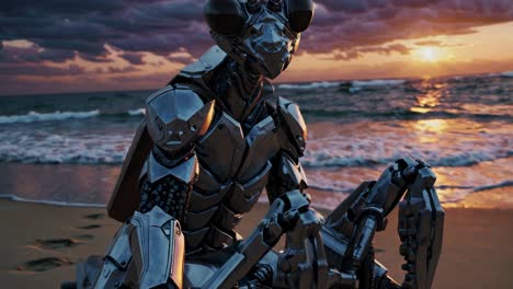 mech mantis on the beach at sunset