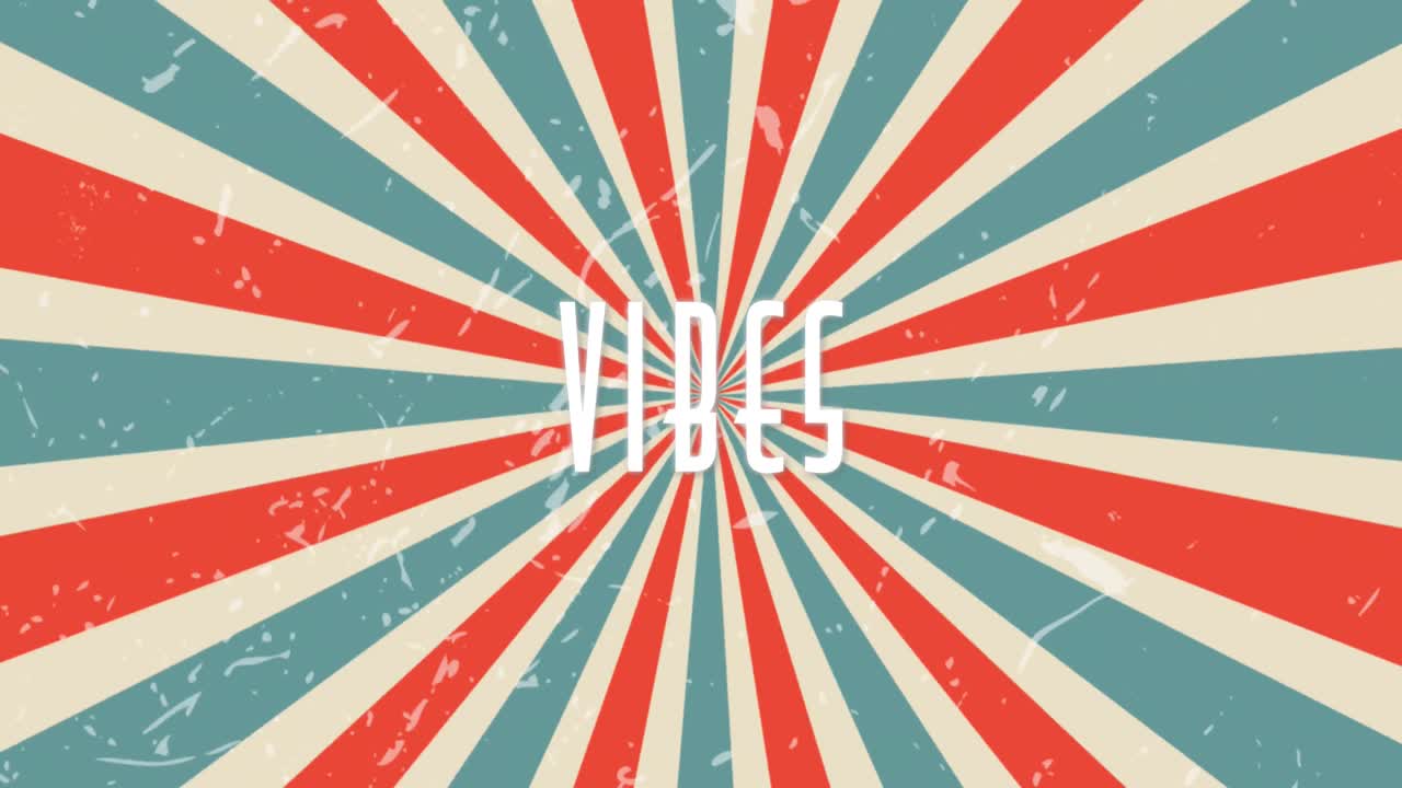 빨간색, 크림색, 파란색 레트로 줄무 ⁇  위에  ⁇ 색 글자로 된 바이브 텍스트의 애니메이션