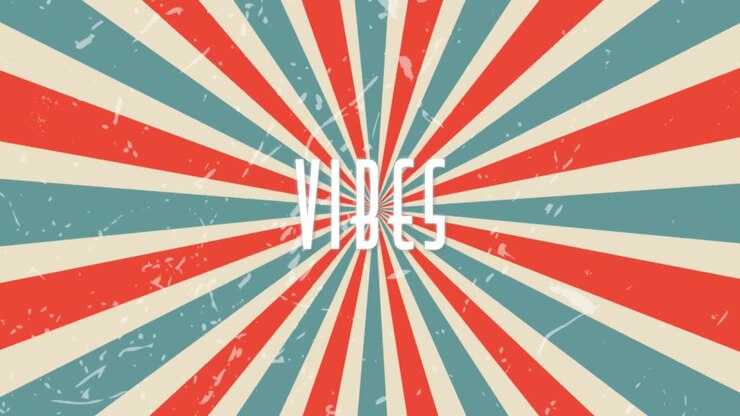 Animation of vibes text in white letters over spinning red, cream and blue retro stripes