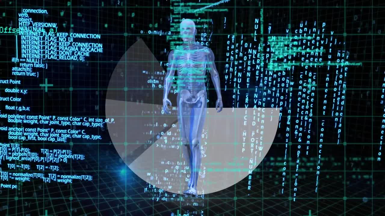 Animation of red shapes and human model over data processing on black background
