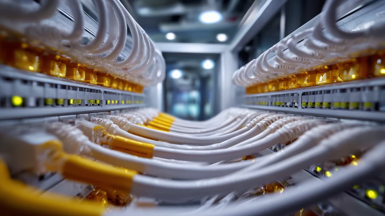 Detailed Close-Up of Network Cables in a Server Rack with Illuminated Indicators Highlighting Connectivity and Infrastructure Efficiency