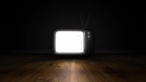 Formas-Abstractas-En-La-Pantalla-Del-Televisor-Sobre-Una-Superficie-De-Madera-Sobre-Fondo-Negro.