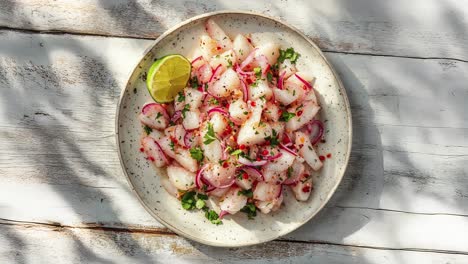 Frisches-Ceviche-Mit-Limette-Und-Roten-Zwiebeln-Auf-Rustikalem-Teller