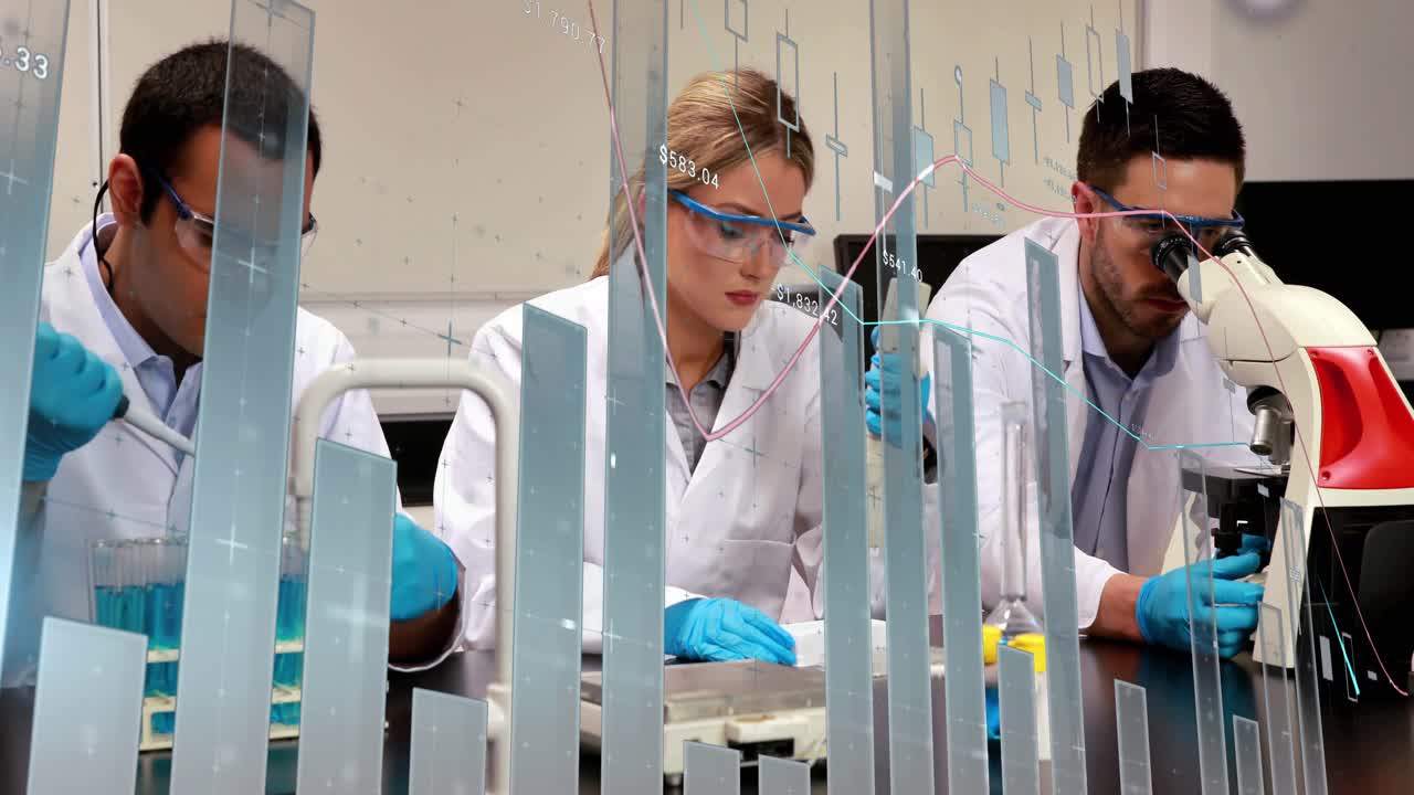 3-person lab team center using pipettor starting transfers for tests, bar charts overlaying view