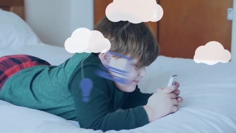 Animation-Von-Wolken-Und-Digitalen-Symbolen-über-Einem-Jungen,-Der-Sein-Smartphone-Nutzt