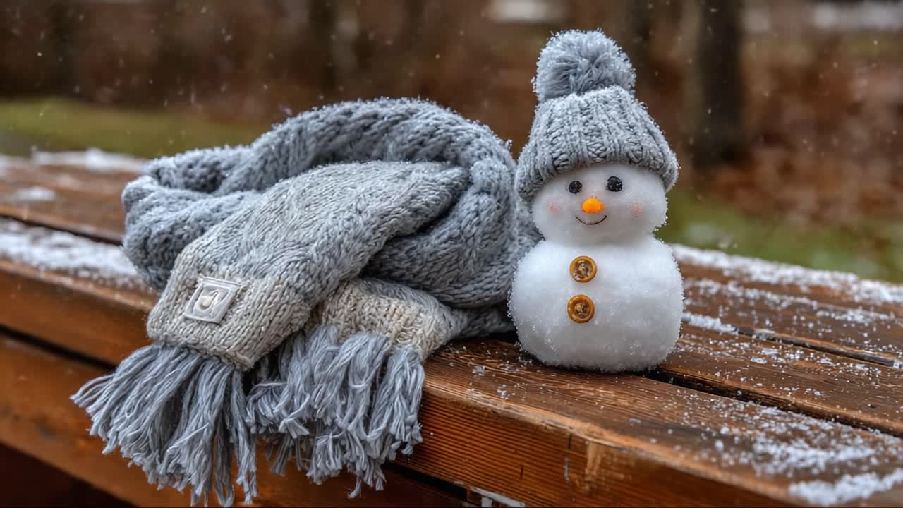 A Charming Snowman with a Grey Scarf and Hat: Captured in a Winter Wonderland, this Adorable Snowman Decorates a Snowy Scene of Joy and Festivity