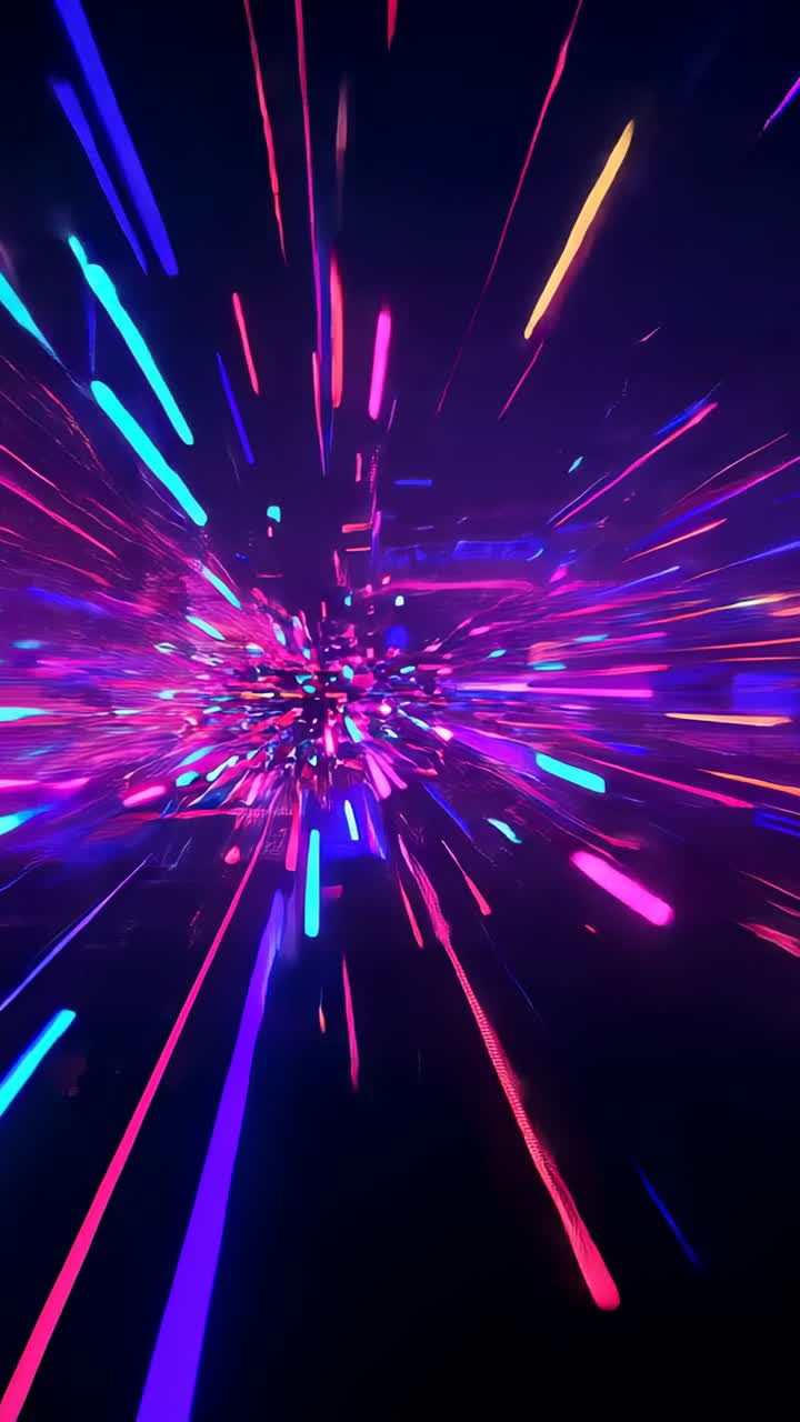 Vertical video: Emitting central cluster launching neon streaks through dark void, conveying speed