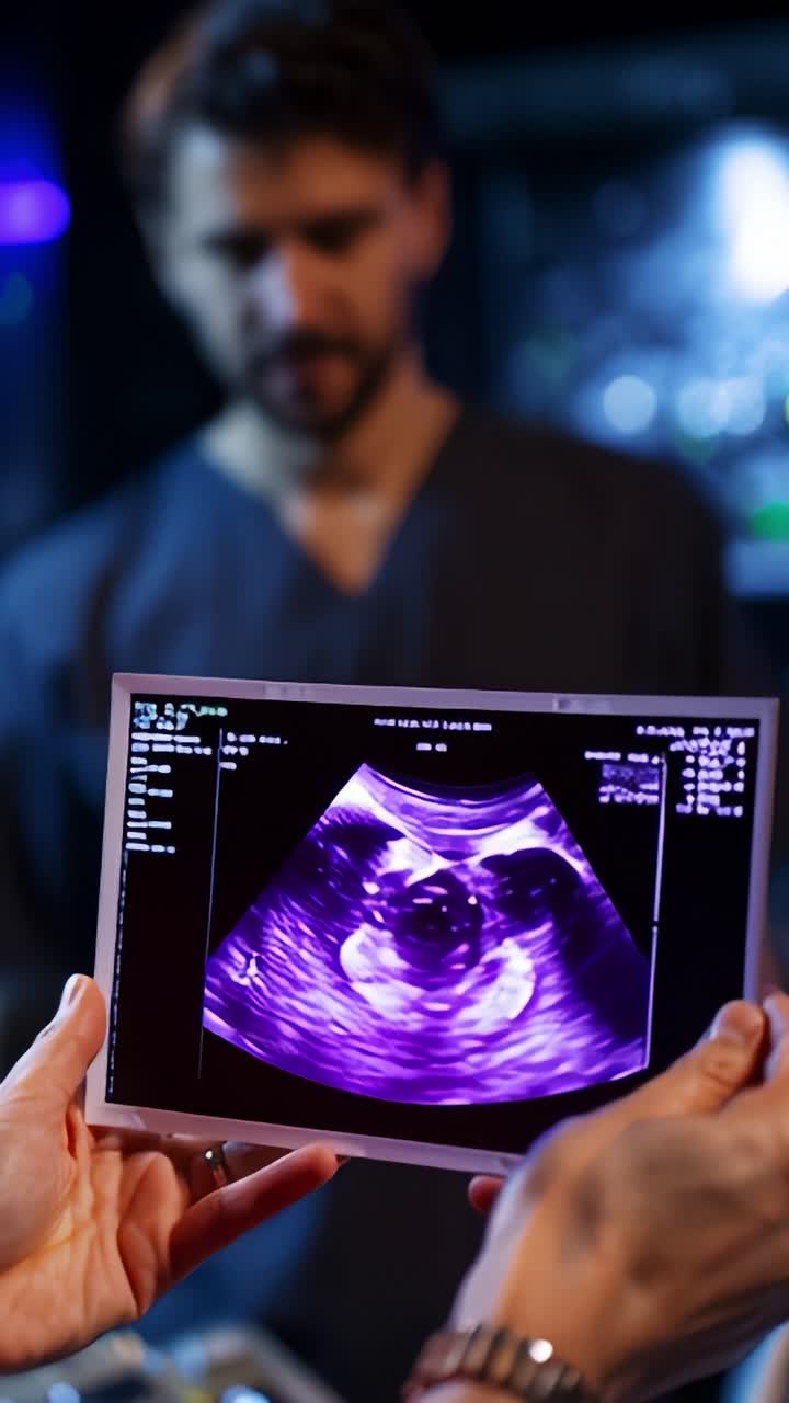 Una coppia in attesa esamina con gioia un'immagine ecografica fetale in un ambiente medico moderno, sottolineando l'attesa di una nuova vita e della genitorialità
