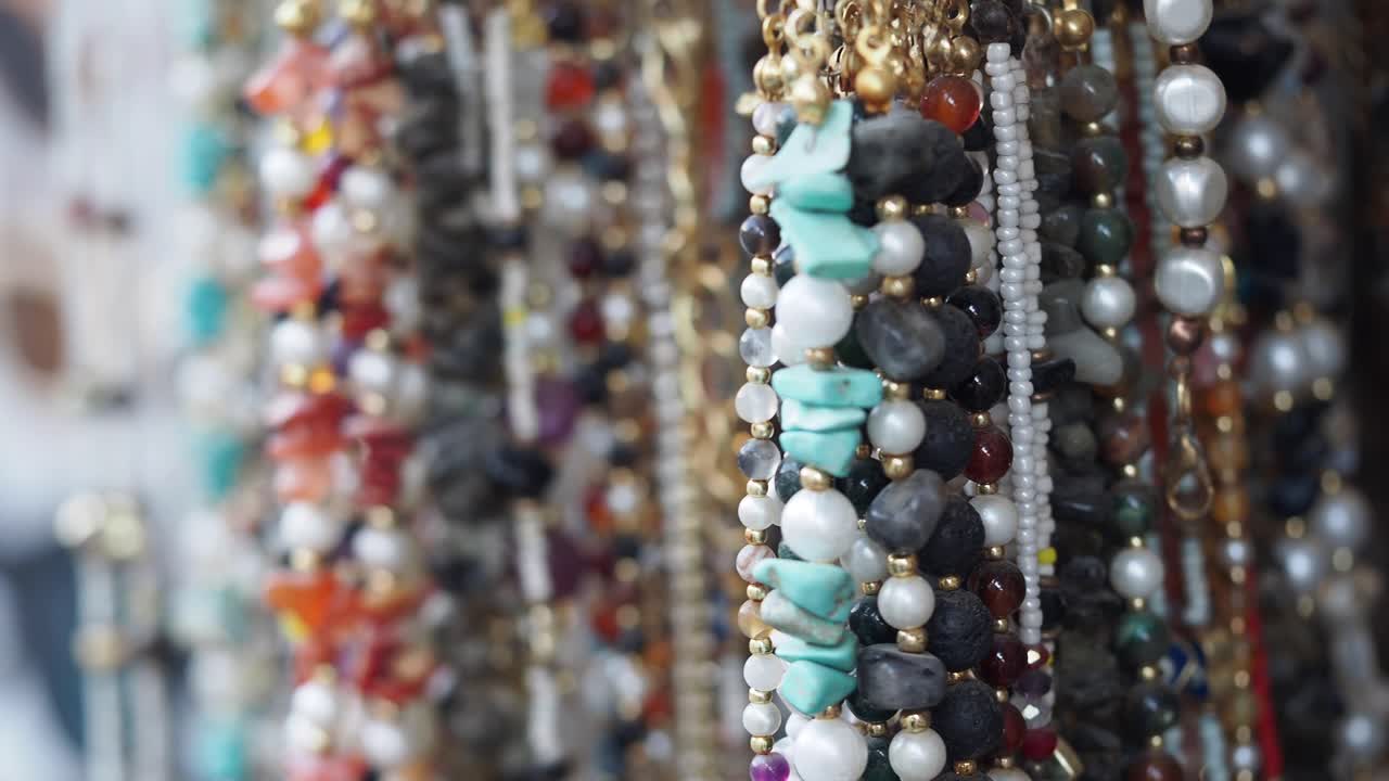 Close-up of Colorful Beaded Jewelry Necklaces