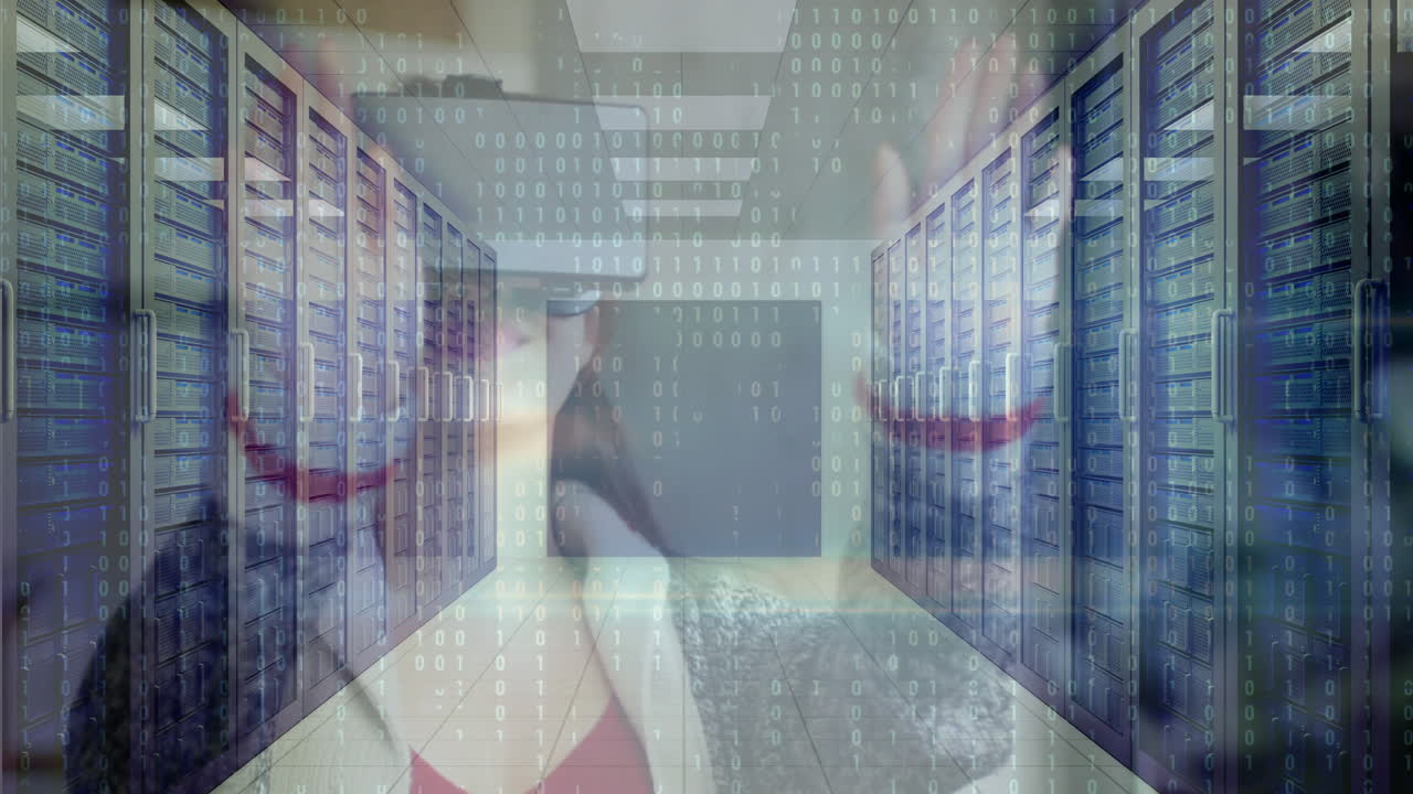 código binario y animación de procesamiento de datos sobre sala de servidores con bastidores