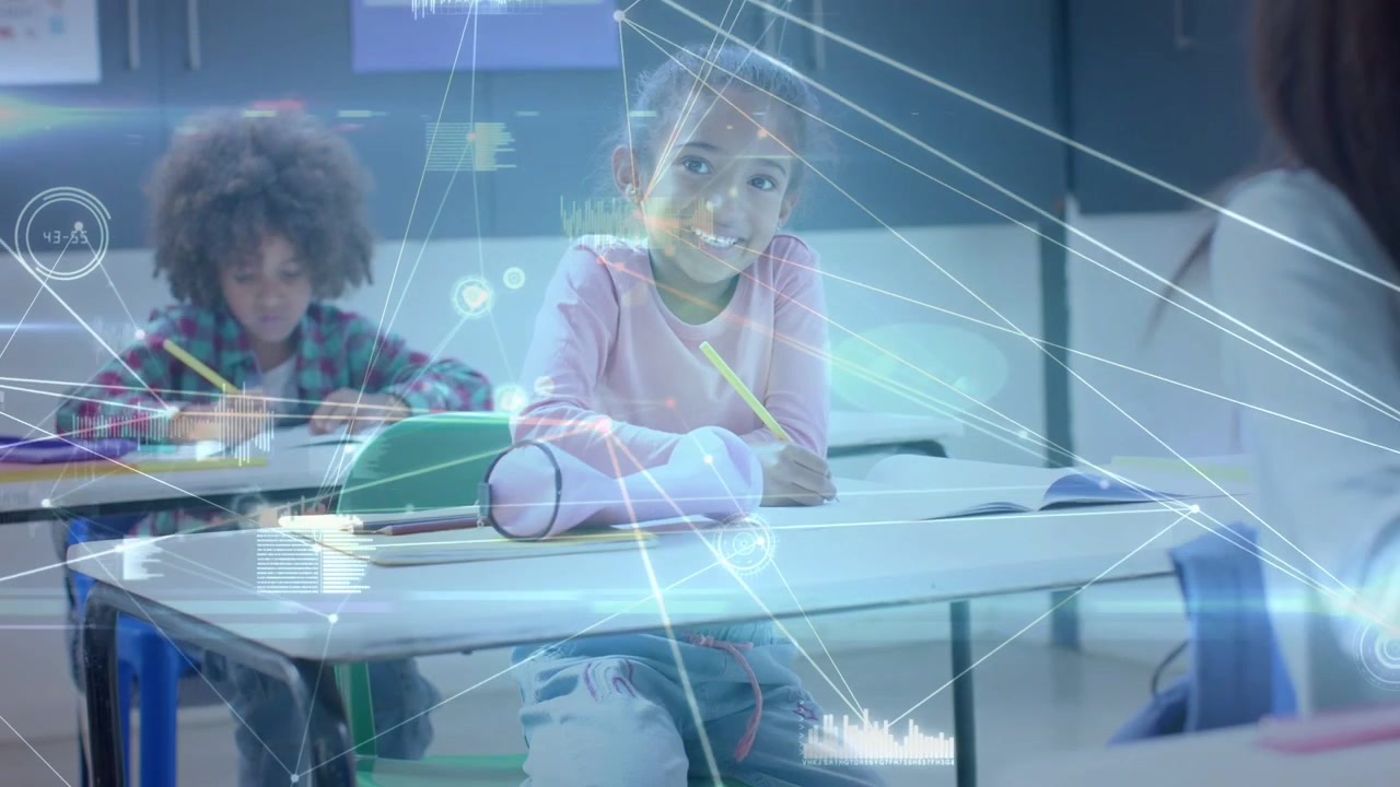 Girl writing with pencil for classwork starting node overlay marking desk receding while smiling