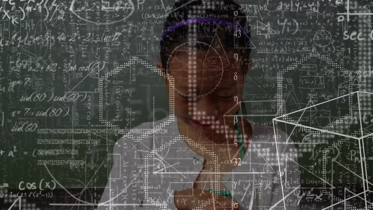 Animation of moving math formulas and data processing over girl using tablet