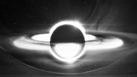 black and white animation of a supermassive black hole with a disk of matter on the event horizon