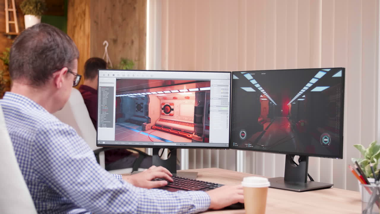 Game developer working on dual monitors