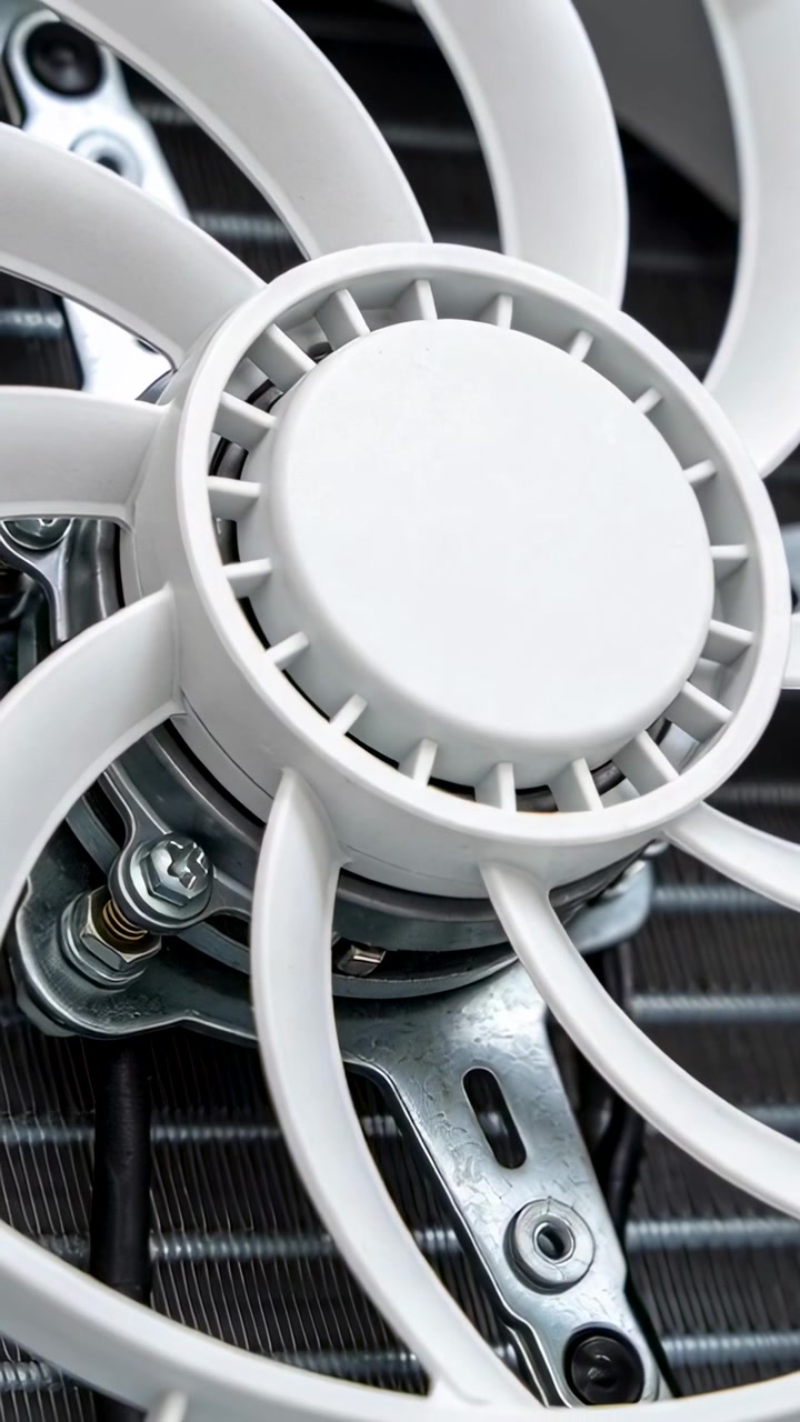 Vertical video: Spinning white fan blades, motor starting, cooling finned core and showing bracket