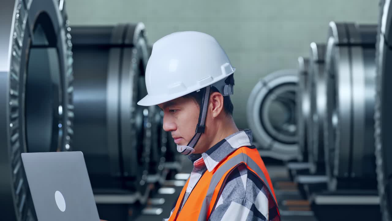 공장에서 노트북을 사용하는 엔지니어