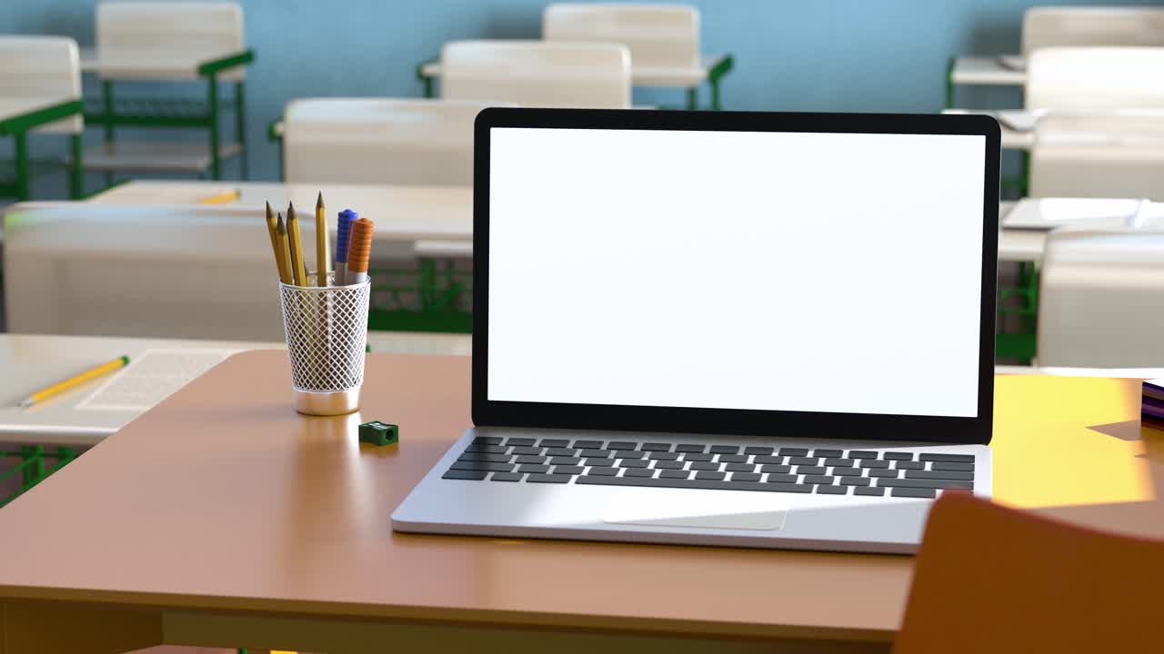 Modern laptop with white blank screen placed on desk against classroom at school. 3d animation