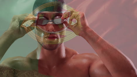 animation of flag of portugal over biracial male swimmer