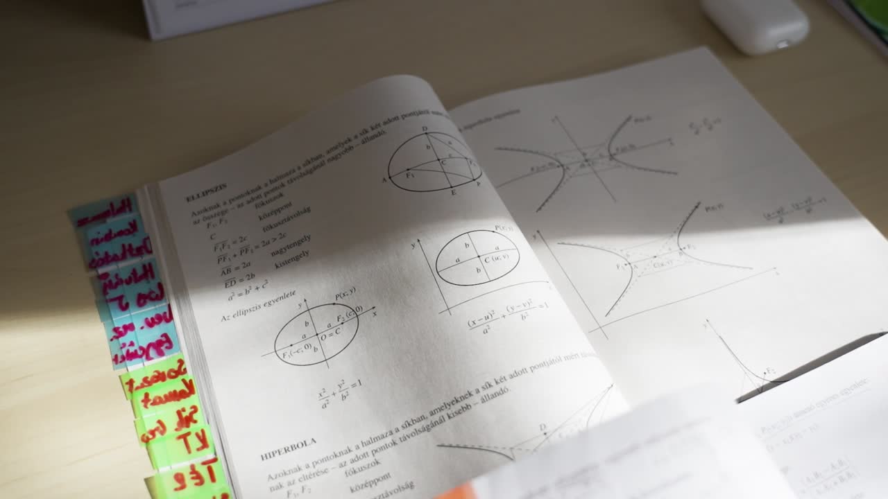 Open math book with diagrams and notes, colorful tabs visible on the side