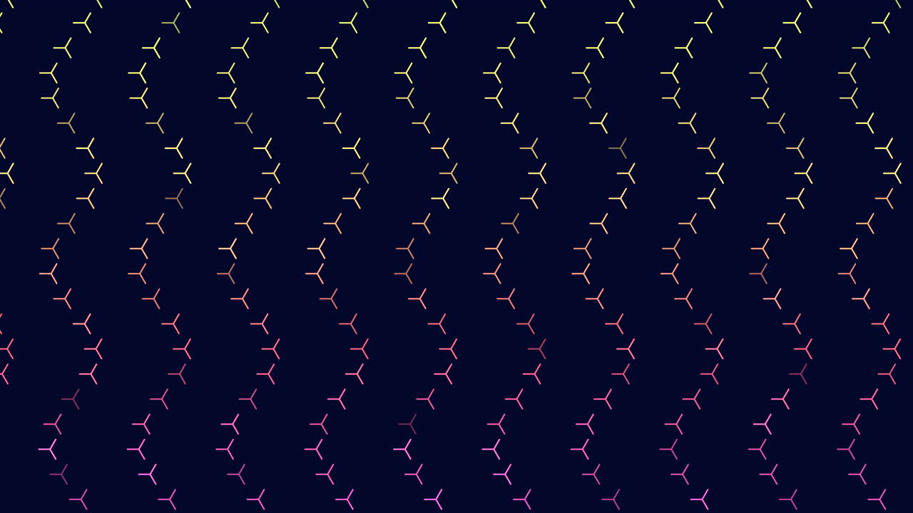 Colorful neon Y shaped particles move in flowing diagonal waves on a dark background, creating a seamless futuristic abstract pattern suitable for motion backgrounds and modern video design