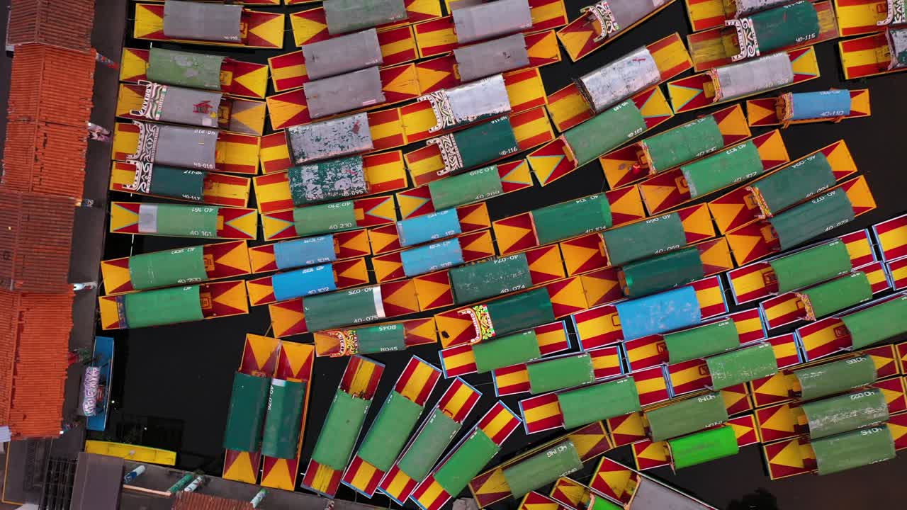 Drone shot of boats in the canal of Xochimilco in Mexico City