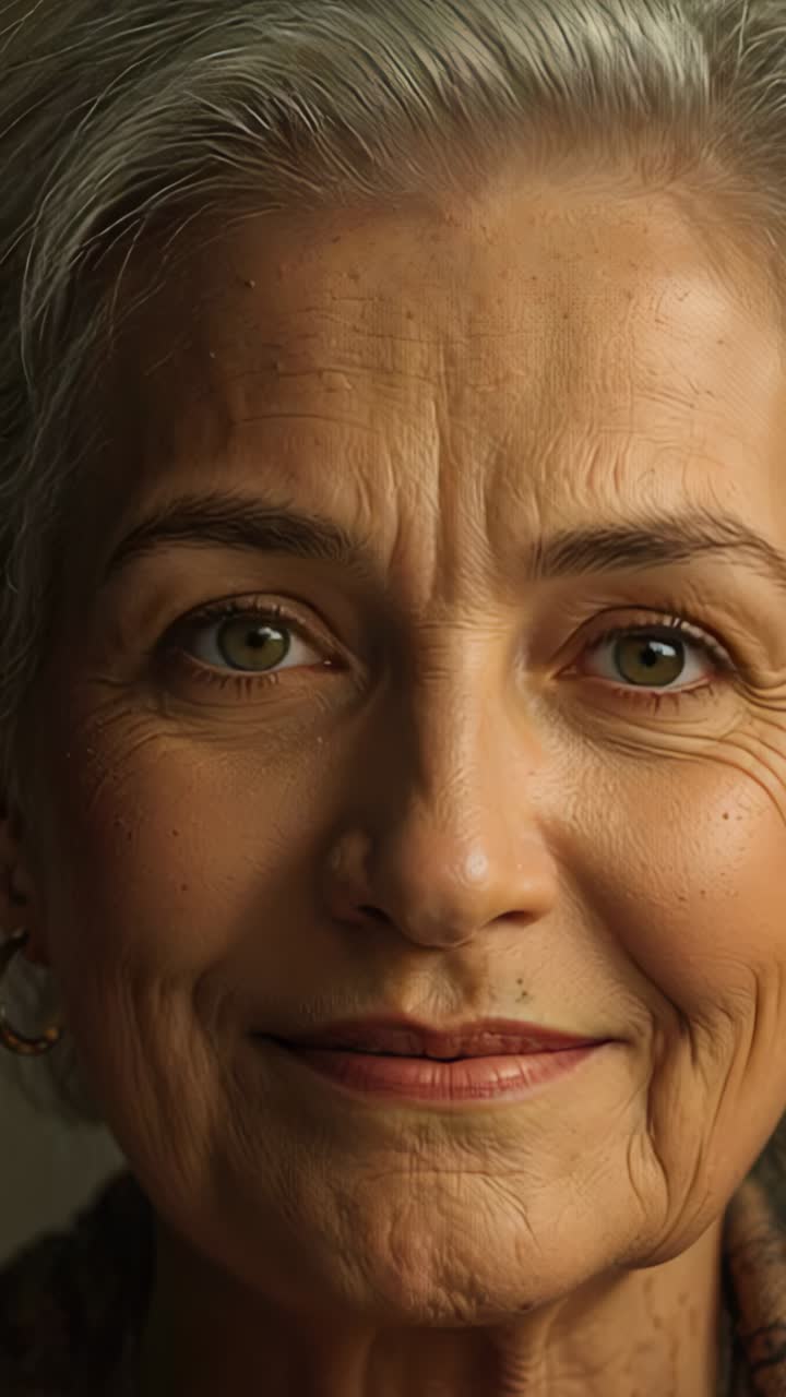 Vertical video: Clip opening senior woman wearing muted top speaking, shifting expressions in room