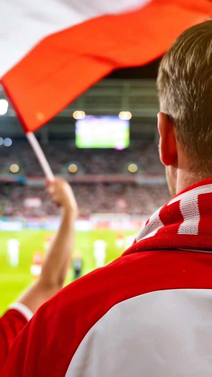 Video verticale: Bandiera che si alza, attirando l'attenzione su un tifoso con la maglia rossa che guarda la partita allo stadio, con sciarpa.