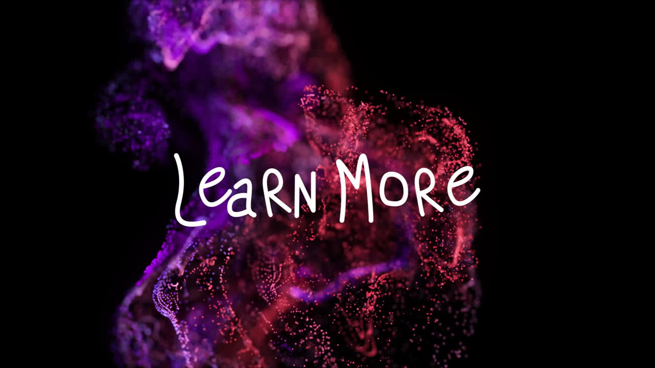 Learn More text over vibrant purple and red abstract particle animation