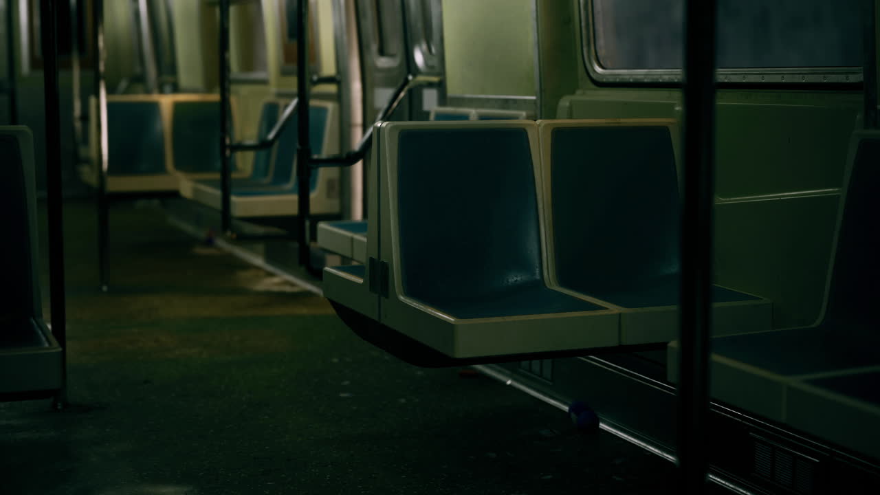 Quiet moment in an empty subway train during late evening hours