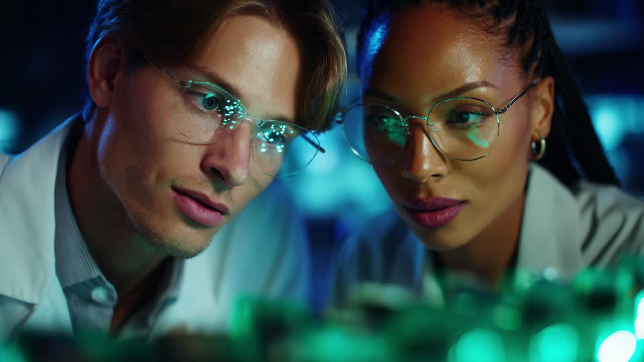 Dedicated Scientists Analyzing Cutting-Edge Technology in a Laboratory Setting, Focused on Scientific Breakthroughs and Innovative Research Under Ambient Lighting Conditions