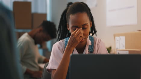 headache, stress and black woman on laptop