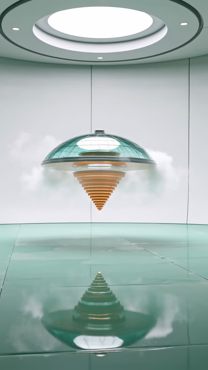 Futuristic Floating Art Installation with Reflection in a Modern Interior