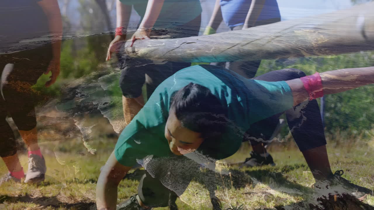 Running outdoors, people with map overlay suggesting global adventure animation