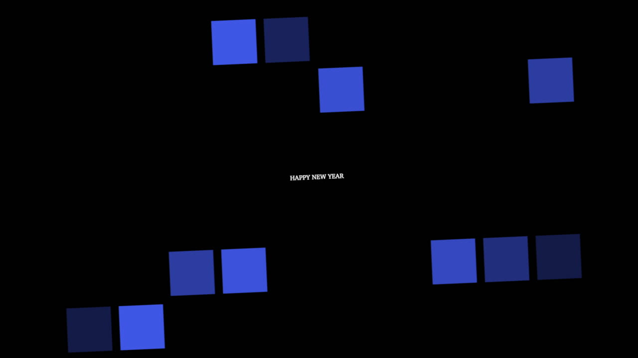 Modern Happy New Year text with geometric blue squares on black gradient