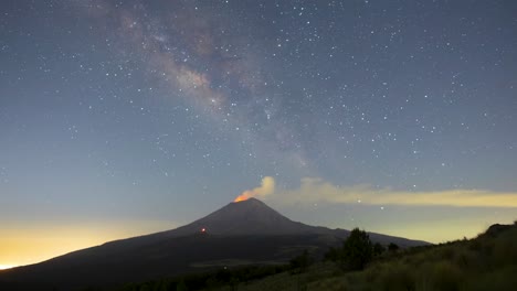 timelapse of the volcano popocatepetl erupting and the milky way above it