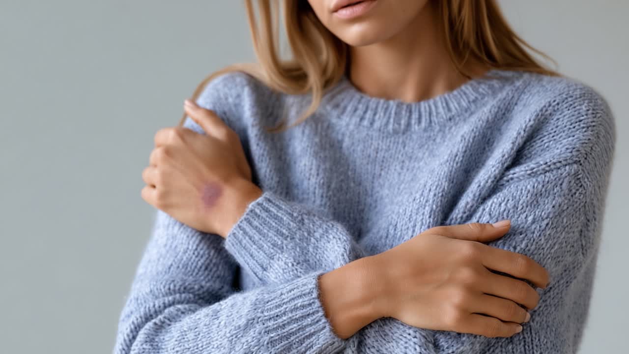 A contemplative moment captured in soft hues, showcasing a woman in a cozy sweater embracing herself, revealing a hint of vulnerability and introspection