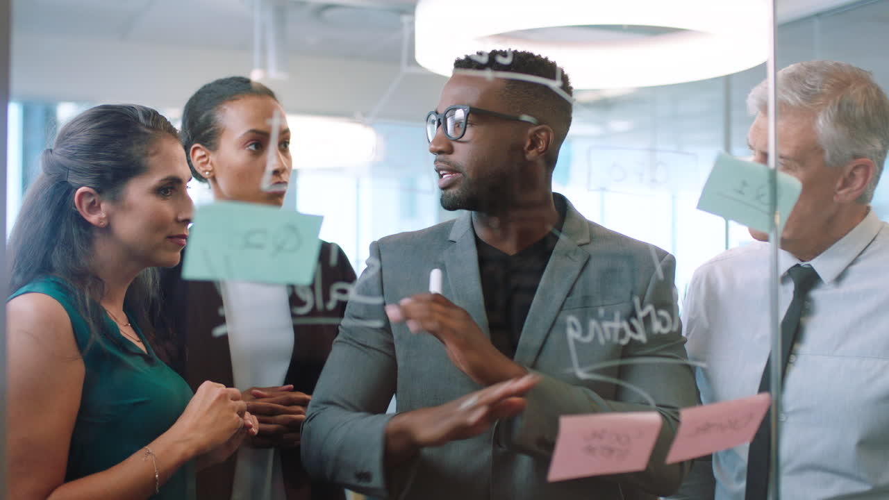 Teamwork, sticky notes or business meeting