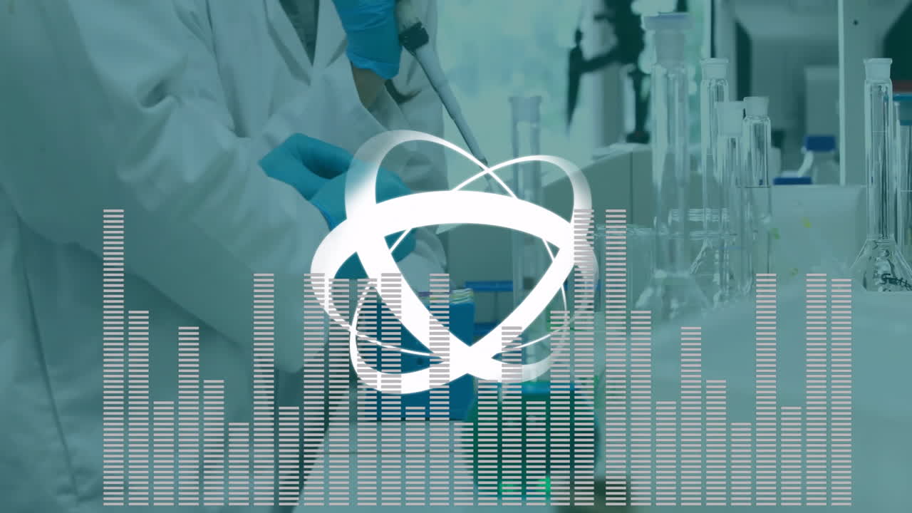 Woman scientist using pipette filling test tubes in science lab, showing atom logo, equalizer bars