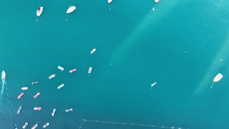 steady overhead drone shot of boats and yachts in the blue sea of