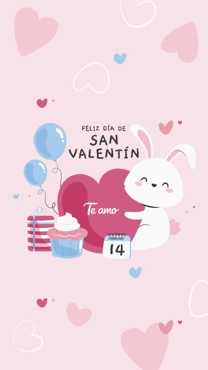 feliz tarjeta de san valentín con conejo, corazón y regalos