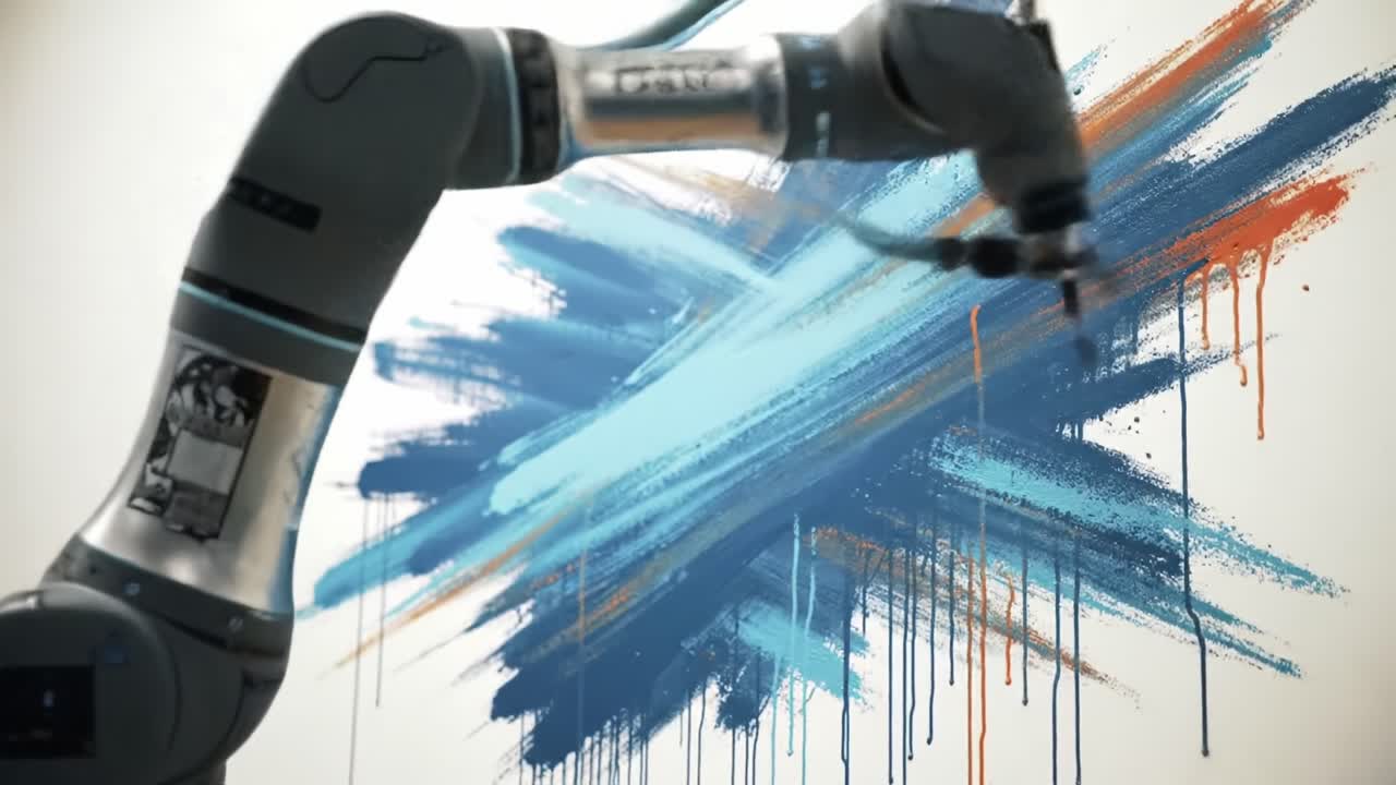 Innovative Robot Painting in Action: Capturing the Artistic Process of a Robotic Arm Creating Vibrant Abstract Art with Bold Colors and Dynamic Brushstrokes