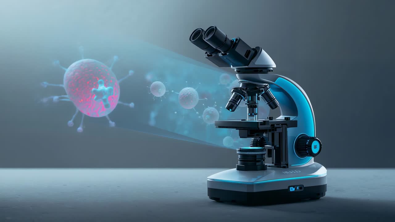 Projecting binocular microscope moving hologram particles toward optics along lab bench, copy space
