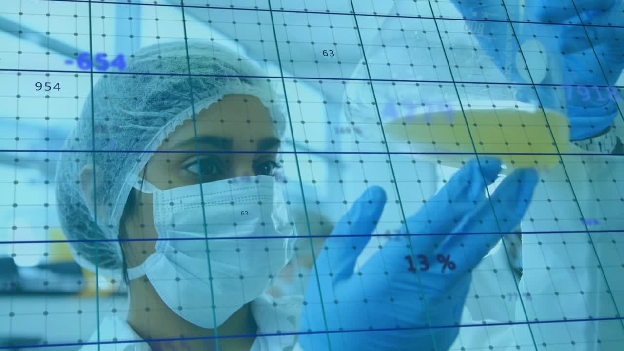 Woman lab tech lifting gloved hand catching yellow vial while coworker holding tilting grid overlay