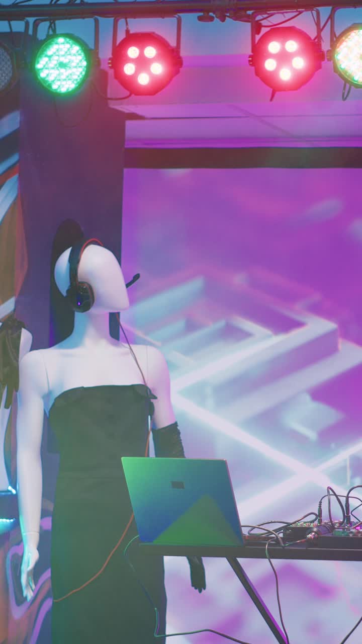 Video verticale: palco da discoteca vuoto con postazione DJ