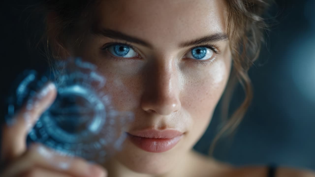 A Close-Up Portrait of a Captivating Young Woman With Striking Blue Eyes and a Mysterious Holographic Element Reflecting Intriguing Technology and Emotion